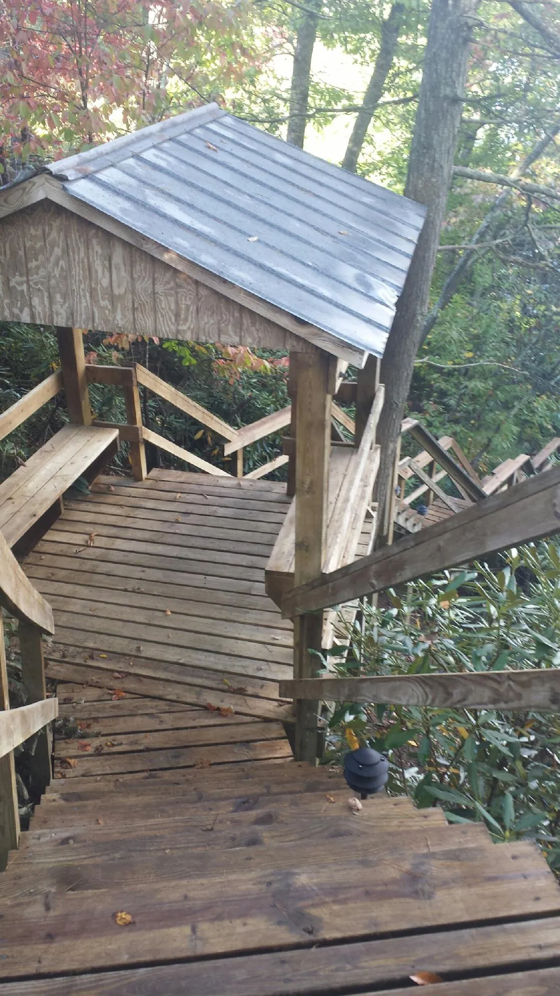 Metal roofed shelter over wooden steps on a wooded walkway — Skylight Repair & Installation work by our crew in Anna